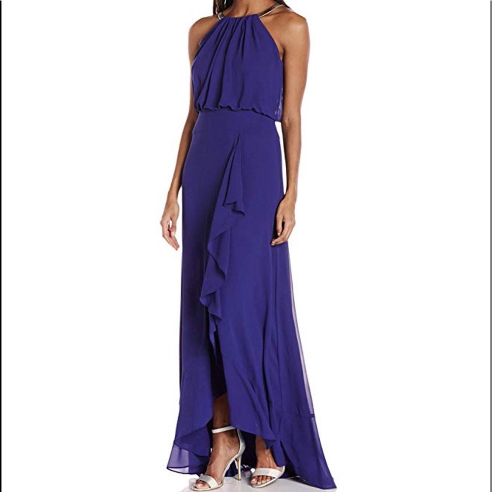 Eliza J Halter Chiffon Gown with Metal Necklace